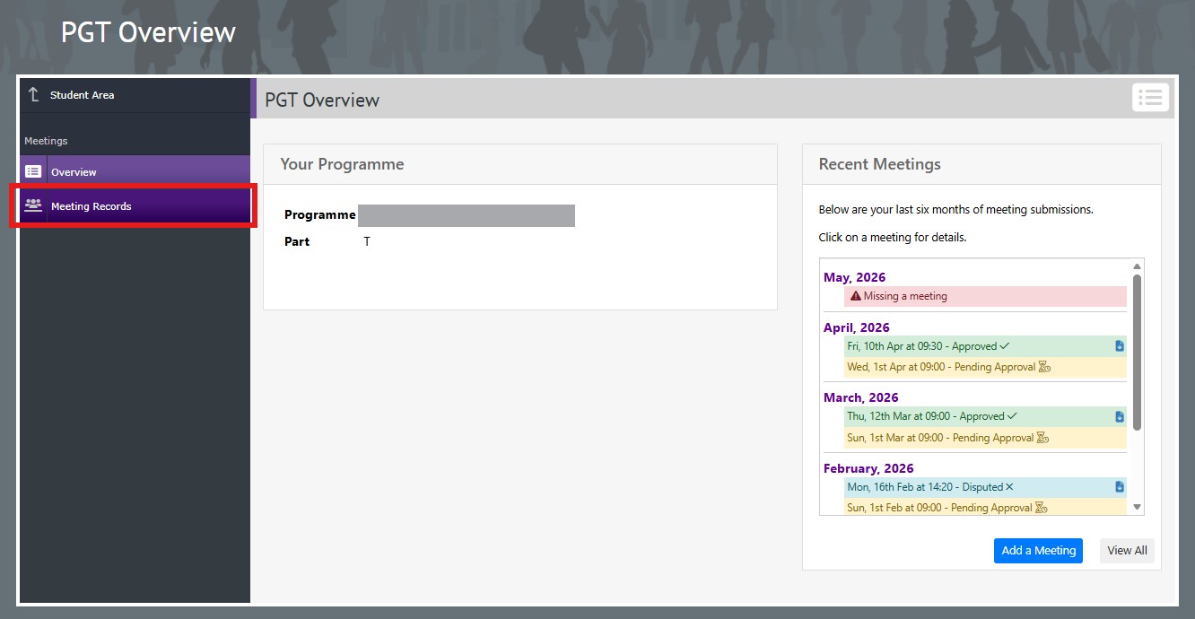 Screen grab of Co-Tutor dashboard for Postgraduate Taught students showing location of Meeting Records page in leftside navigation bar.
